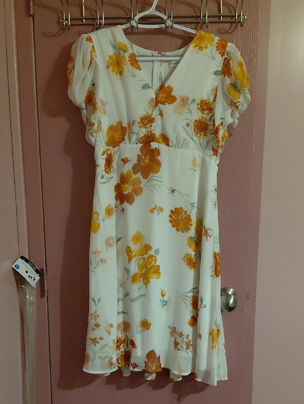 Calvin Klein White Midi Dress with Yellow Floral Print and Puff Sleeves